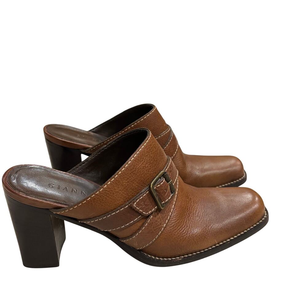 Gianni‎ Bini Women's Size 7.5M Brown Leather Buckle Western Slip On Clogs Mule